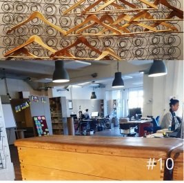 Foto auff dem unser Büro zu sehen ist, sowie eine Garderobe aus Matratzenfedern
