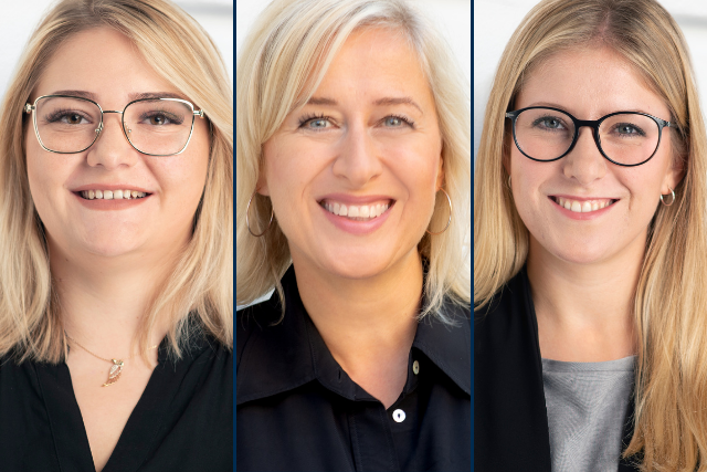 Photocollage von unseren neuen denkmodell-Mitarbeiterinnen Nina Ziegler, Carina Waldhoff und Franziska Sophie Frank.